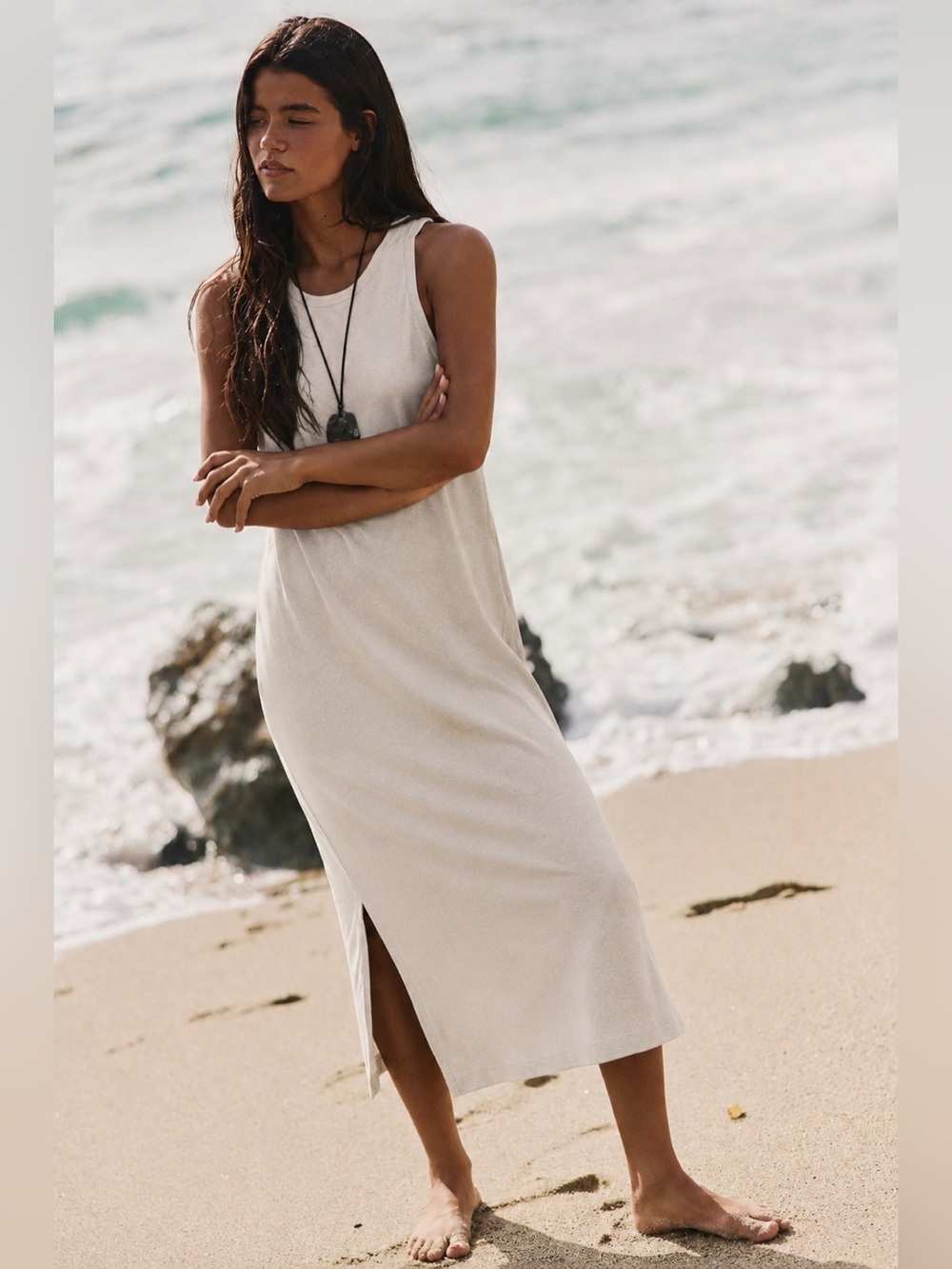Thread and Supply Sleeveless Midi Tank Dress in Light Beige